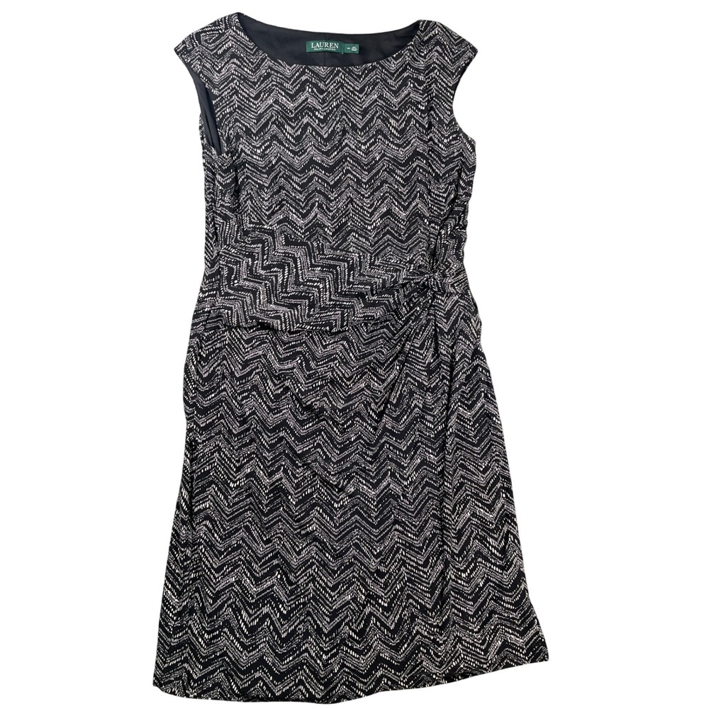 Lauren Ralph Lauren Sheath Dress Womens 14 Black White Chevron Draped Stretch